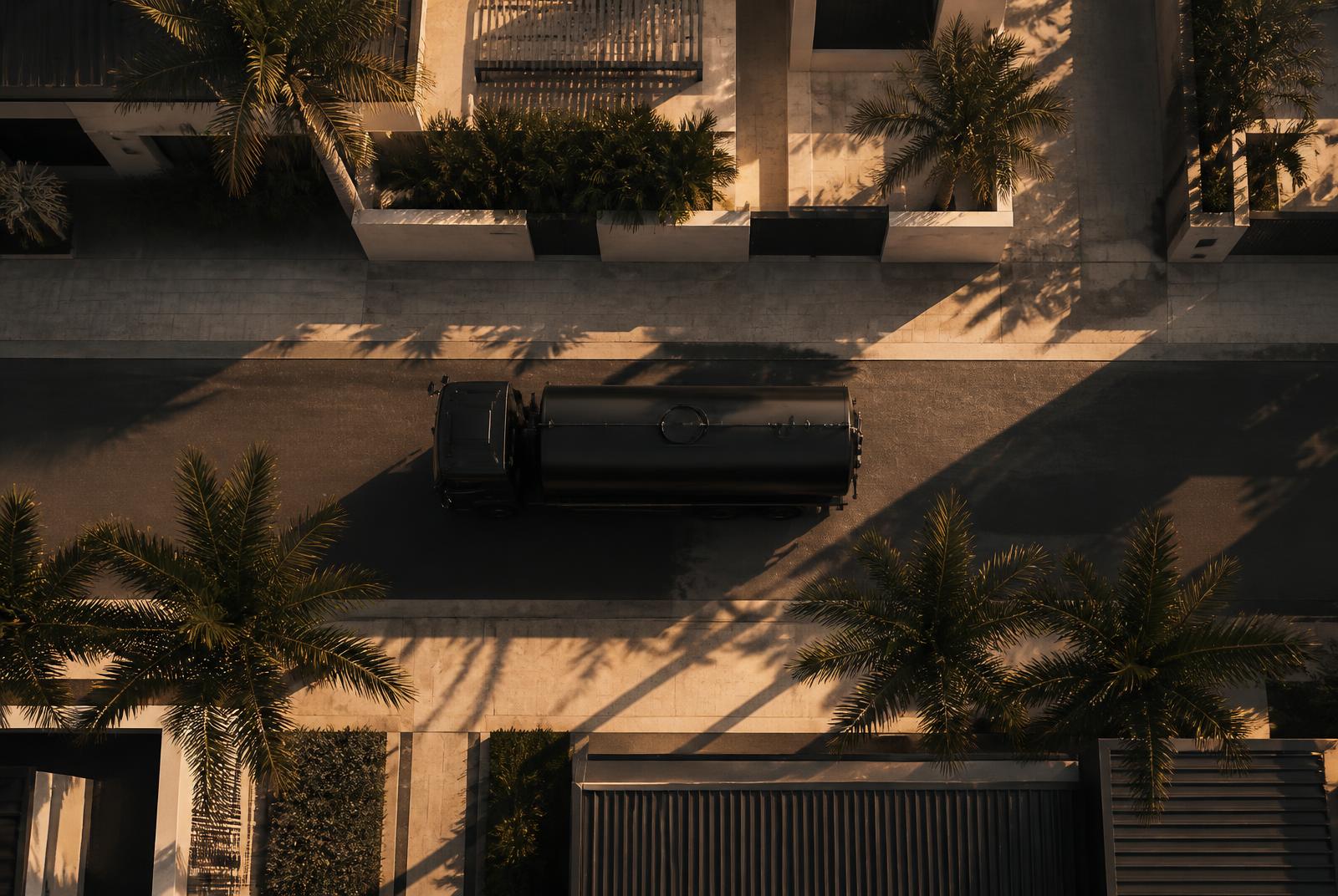Aerial editorial photograph of an unbranded fuel tanker on a palm-lined Lagos street at golden hour.